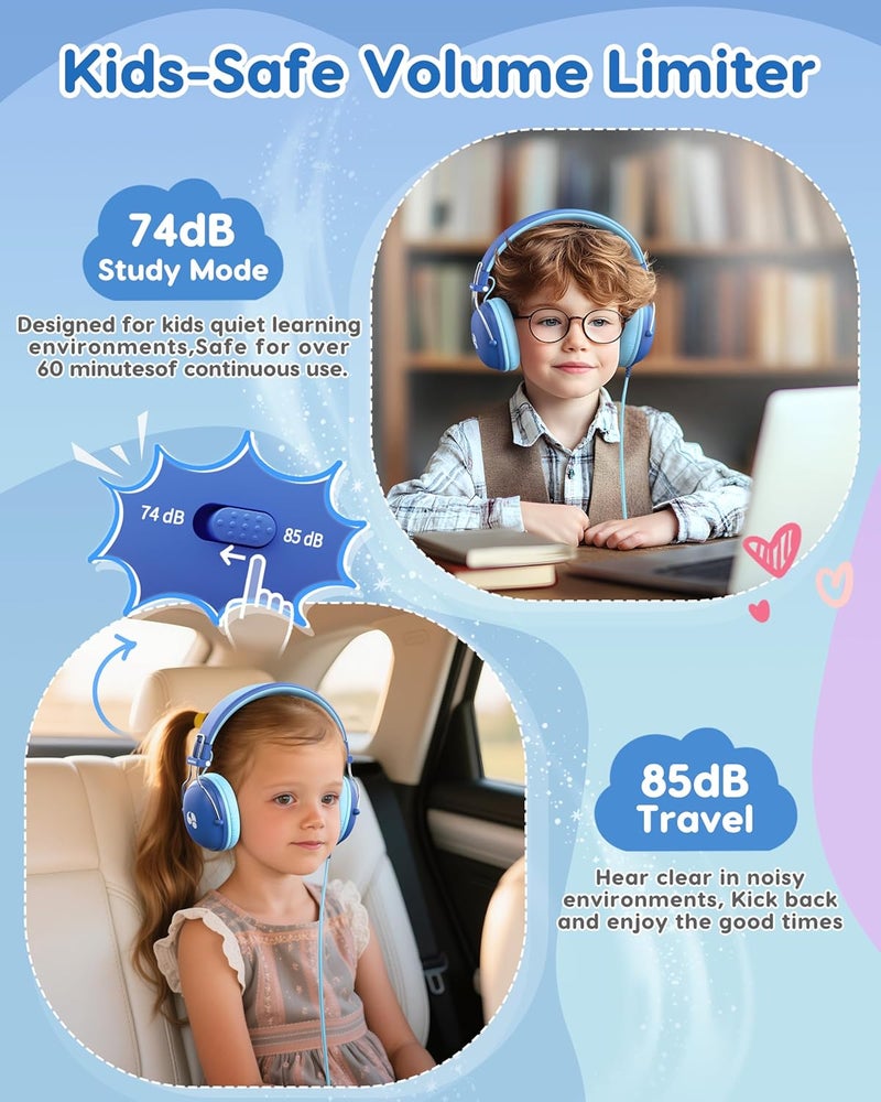 awatrue Kids Headphones with Cord, 74/85dB Safe Volume Limit, Stereo Sound, Wired On-Ear Headphones for Kids Boys Girls, 3.5mm Jack for Tablet, iPad, Kindle, YOTO Player, Airplane Travel, Blue - Image 2